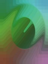 Abstract pixelated circle and cone shape in various shades of green, blue and purple