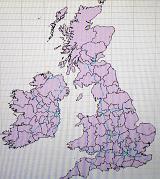 Political map of the United Kingdom with purple and black colors over grid pattern