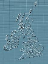 Negative monotone blue color detailed political map of the United Kingdom with all of its provinces over grid pattern