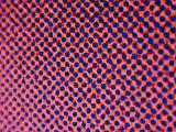 Close up on abstract pattern of cyan, magenta and black halftone dots over pink background