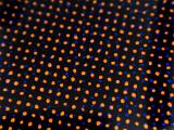 Extreme close up view on single color orange halftone dots in a slanted row over black