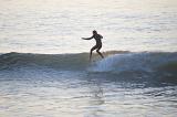 Australian surfer in a wetsuit riding a wave standing upright on his surfboard in evening or morning light