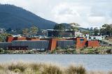 A view of the river and hills that surround the exterior of the MONA art museum in Hobart Tasmania, Australia.