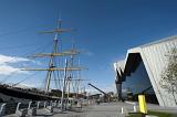 Glasgow Riverside Museum, part of the Transport Museum, a new development on Pointhouse Quay, with its modern architecture and tall ships in the harbour