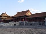 Architectural Exterior of Deserted Temple in Forbidden City at Late Afternoon with Long Shadows and Blue Sky