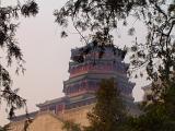 View through foliage of a tall pagoda style Chinese temple on the skyline in a travel concept