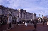 Exterior view of Buckingham Palace, London with people in the street, the official London residence of the sovereign of the United Kingdom