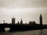 Houses of Parliament, London, on a sombre overcast day silhouetted against the clouds