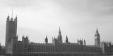 Houses of Parliament and Big Ben, London on a cold misty grey overcast day, view of the external facade