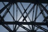 Lattice work of bridge girders silhouetted against the sun in a structural engineering concept