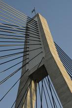 Close up vide of the tower and support wires on a cable stayed bridge