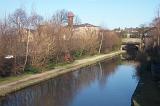 Tranquil urban canal with reflections of bare trees in autumn or winter on the water on a sunny blue sky day