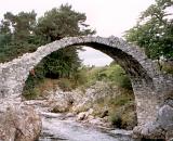 Old stone arch bridge across narrow river in nature landscape