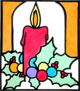 Festive Holiday Stained Glass Picture of Lit Red Christmas Candle with Holly Leaves and Berries Against White Background