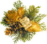 Gold Christmas decoration with green foliage, a rose, gift, cone and ornamental golden leaves, isolated on white