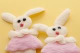 Two fluffy Easter bunnies in pink dresses, flat decorative needlework pieces.