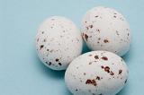 Three speckled white candy sugar coated Easter Eggs close-up on blue