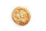 Single round crunchy golden biscuit, overhead view isolated on white