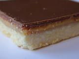 Close-up of a caramel shortcake made of rectangular shortbread biscuit base topped with caramel filling and milk chocolate topping