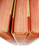 Three red leather bound books viewed from the top of the spine and pages looking down to a white background