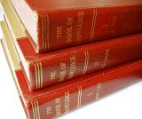 Close Up of Three Old Numbered Encyclopedia Book Volumes with Red Leather Spines Stacked on White Background