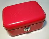High Angle View of Red Money or Cash Box with Shiny Silver Lock and Scratched Top on White Background