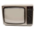 Small portable retro television set with a blank screen on white facing the camera