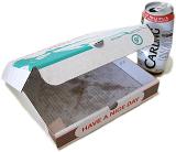 Pizza and lager concept with an empty oily pizza delivery box and crushed empty can of lager isolated on white, all that is left of a tasty lunch