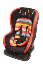 Full Length Still Life of Child Safety Car Seat with Plush Striped Cushion and Colorful Embroidered Figures, Silhouetted on White Background with Copy Space