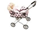Little blond doll in a kids pink toy pram or stroller with black polka dots isolated on white