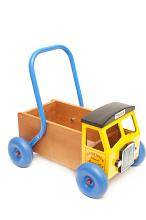Push along toy truck for a young child with a metal handle and colorful yellow cab with blue wheels, high angle over white