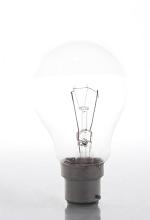 Incandescent lightbulb with bayonet mount socket type placed vertically on glossy surface against white background