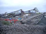 Mining equipment and infrastructure at an opencast or strip mining site or quarry for crushed stone to be used in construction