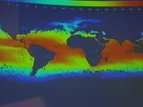Thermal imaging showing bands of hot and cold temperatues on a world map with South America and Africa in the centre