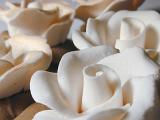 Close up of white icing sugar roses ready to be used in baking to decorate a cake