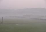 Fog or mist over rolling hills with reduced visibility and electricity poles crossing the open countryside