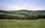 Lush green rolling Welsh hills interspersed with tracts of woodland and grazing livestock in a scenic pastoral landscape