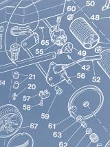 Blueprint showing component parts for a machine with each one numbered for identification