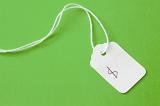 Blank white cardboard price tag or label with dollar sign and string lying on a green background with copy space