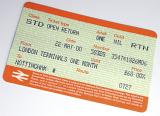 Detail of a monthly train travel ticket between London and Nottingham, UK on a white background