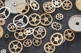 an assortment of tiny brass gears and cog wheels, components from a clock or pocket watch