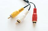 Three red, yellow and white RCA audio cables with plugs or jacks for video sound