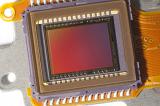 Video sensor chip or image sensor with reddish surface color and yellow cord, close-up on white background
