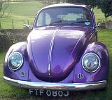 Front view of a colorful purple classic Volkswagen Beetle parked on a green lawn in the country