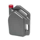 Unlabelled silver plastic oil can for motor oil with a red cap isolated on white, side view