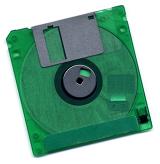 Old green floppy disk, a flexible removable magnetic disk that stores data for use in a computer on a white background