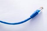 a standard blue coloured RJ45 ethernet cable with plug and boot