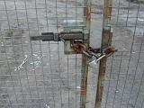Metal fence gate locked with strong steel chain and the padlock, viewed in close-up