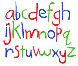 Alphabet written in small fonts using three primary colors.