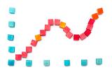 A line graph showing an upward trend, created from colourful toy wooden blocks, over white background